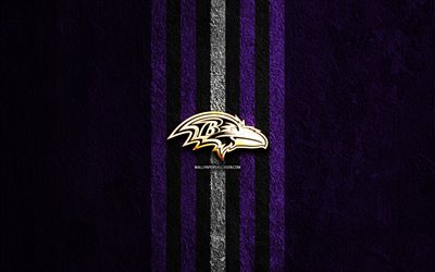 ボルチモア レイブンズのゴールデン ロゴ, 4k, 紫色の石の背景, nfl, アメリカン フットボール チーム, ボルチモア レイブンズのロゴ, アメリカンフットボール, ボルチモア レイブンズ