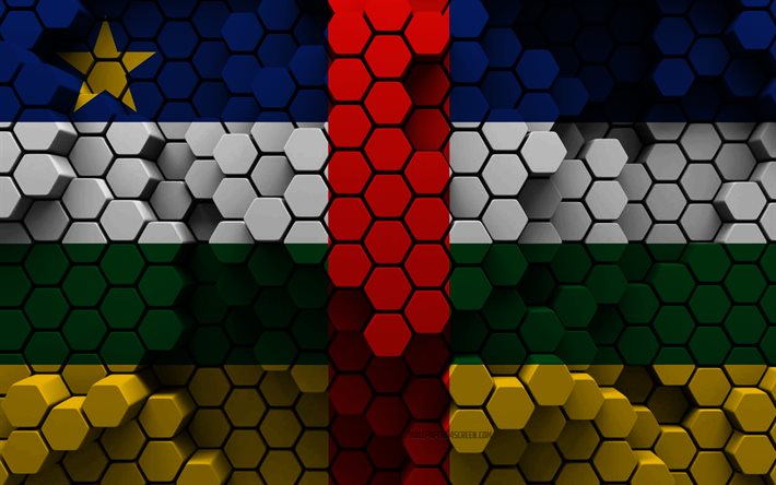 4k, 中央アフリカ共和国の国旗, 3 d の六角形の背景, 中央アフリカ共和国の 3 d フラグ, 中央アフリカ共和国の日, 中央アフリカ共和国, 3 d の中央アフリカ共和国の旗, アフリカ諸国