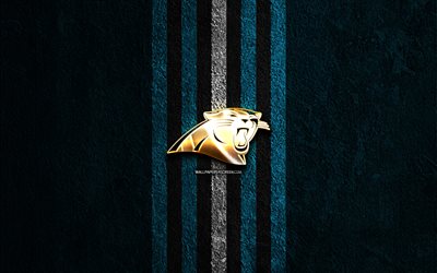 Carolina Panthers golden logo, 4k, blue stone background, NFL, american football team, Carolina Panthers logo, american football, Carolina Panthers