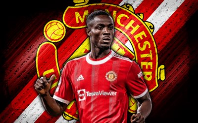 Eric Bailly, 4k, red grunge background, Manchester United FC, soccer, diagonal lines, Man United, Premier League, Ivorian football players, Eric Bailly Manchester United, football, Eric Bailly 4K