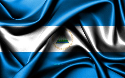 bandeira da nicarágua, 4k, países da américa do norte, tecido bandeiras, dia da nicarágua, seda ondulada bandeiras, nicarágua bandeira, américa do norte, nicarágua símbolos nacionais, nicarágua