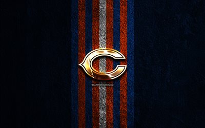 Chicago Bears golden logo, 4k, blue stone background, NFL, american football team, Chicago Bears logo, american football, Chicago Bears
