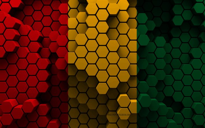 4k, bandera de guinea, fondo hexagonal 3d, bandera 3d de guinea, día de guinea, textura hexagonal 3d, símbolos nacionales de guinea, guinea, bandera de guinea 3d, países africanos