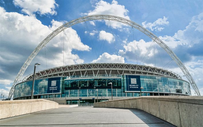 wembley stadium, 4k, fasad, exteriör, fotbollsstadion, wembley, london, englands fotbollslandslag, fotboll, sportarenor