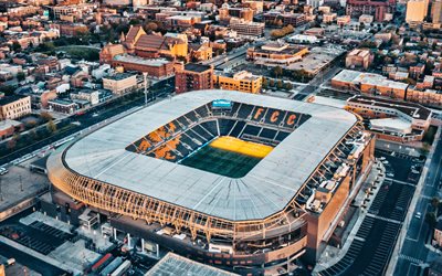 TQL Stadium, evening, sunset, aerial view, Cincinnati, Ohio, FC Cincinnati Stadium, MLS, USA, football stadiums, FC Cincinnati