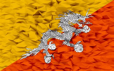 bhutans flagga, 4k, 3d polygonbakgrund, 3d polygontextur, bhutans dag, 3d bhutans flagga, bhutans nationella symboler, 3d konst, bhutan, asien länder