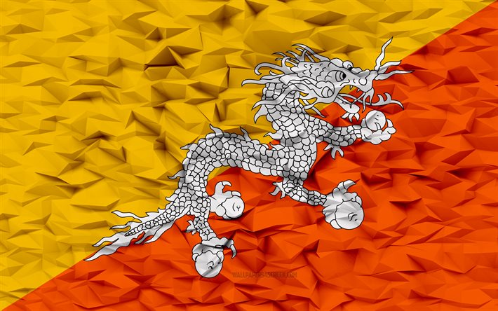 부탄의 국기, 4k, 3d 다각형 배경, 부탄 국기, 3d 다각형 텍스처, 부탄의 날, 3차원, 부탄, 깃발, 부탄 국가 상징, 3d 아트, 아시아 국가