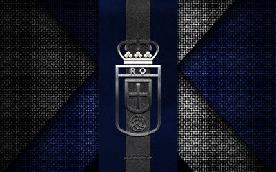 real oviedo, segunda división, textura tejida azul blanca, logotipo del real oviedo, club de fútbol español, emblema del real oviedo, fútbol, oviedo, españa