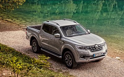 Renault Alaskan, 4k, front view, exterior, silver pickup truck, French cars, Renault
