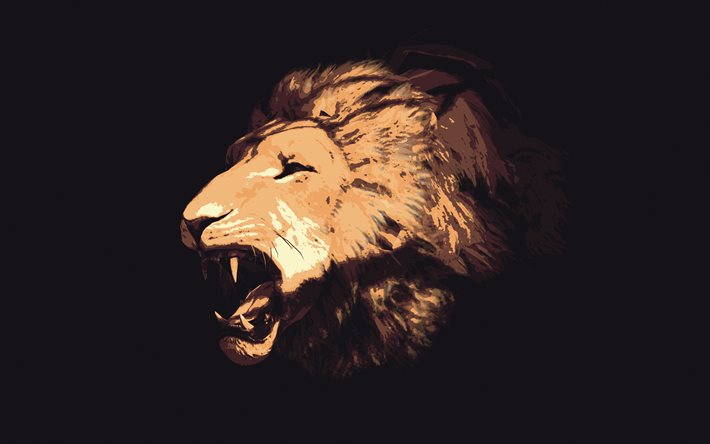 lejon, 4k, minimal, bestarnas kung, kreativ, brun bakgrund, vilda djur, rovdjur, panthera leo, lejon minimalism