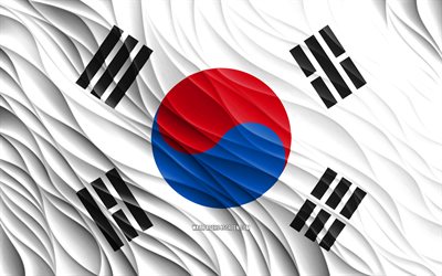 4k, etelä-korean lippu, aaltoilevat 3d-liput, aasian maat, etelä-korean päivä, 3d-aallot, aasia, etelä-korean kansallissymbolit, etelä-korea