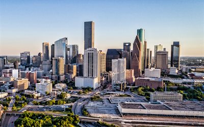 Houston, 4k, skyscrapers, Wells Fargo Plaza, Bank of America Center Houston Downtown, modern buildings, business centers, Houston cityscape, Houston skyline, Texas, USA