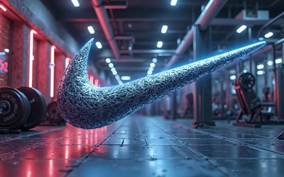 logotipo nike 3d, 4k, academia, luz azul de neon, logotipo da nike, marcas esportivas, nike emblem, nike sign, nike