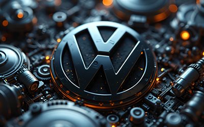 volkswagen metal logo, 4k, bokeh, sfondi meccanici neri, marchi di auto, logo 3d volkswagen, creativo, logo volkswagen, volkswagen