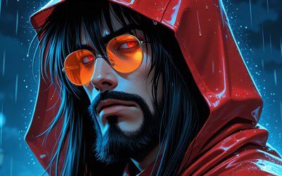 4k, alucard, arte 3d, lluvia, infierno, noche, conde drácula, manga, dorakyura, manga infernal, personaje de alucard, arte de alucard, personajes infernales, alucard hellsing