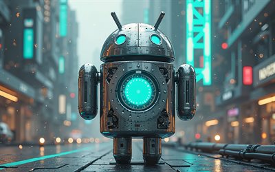 Android 3d robot, 4k, turquoise neon light, Android logo, Android emblem, background with Android robot, Android, cityscape, Android 3d logo