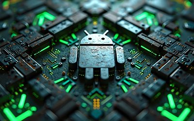 4k, Android metal logo, bokeh, green neon arrows, creative, OS brands, 3D art, green neon lights, black metal backgrounds, Android 3D logo, atrwork, Android logo, brands, Android