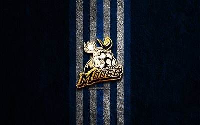 Manitoba Moose golden logo, 4k, blue stone background, AHL, american hockey team, Manitoba Moose logo, hockey, Manitoba Moose