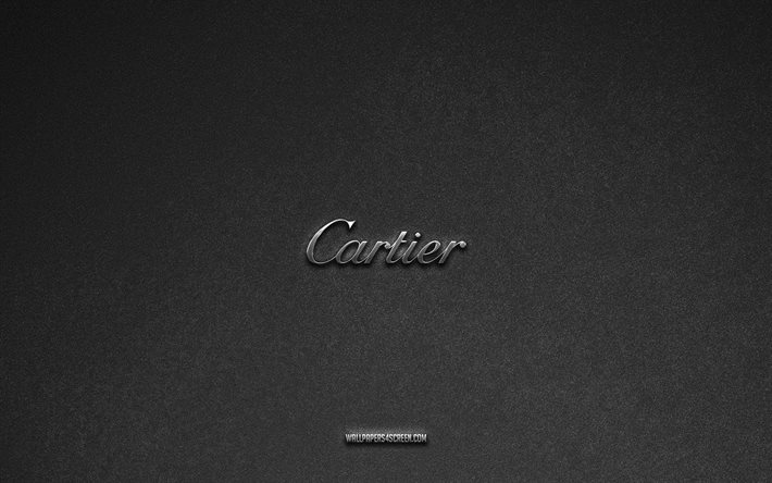 cartier-logo, grauer steinhintergrund, cartier-emblem, dinge-logos, cartier, herstellermarken, cartier-metalllogo, steinstruktur