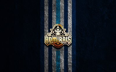 goldenes logo der milwaukee admirals, 4k, hintergrund aus blauem stein, ahl, amerikanisches hockeyteam, logo der milwaukee admirals, hockey, milwaukee admirals