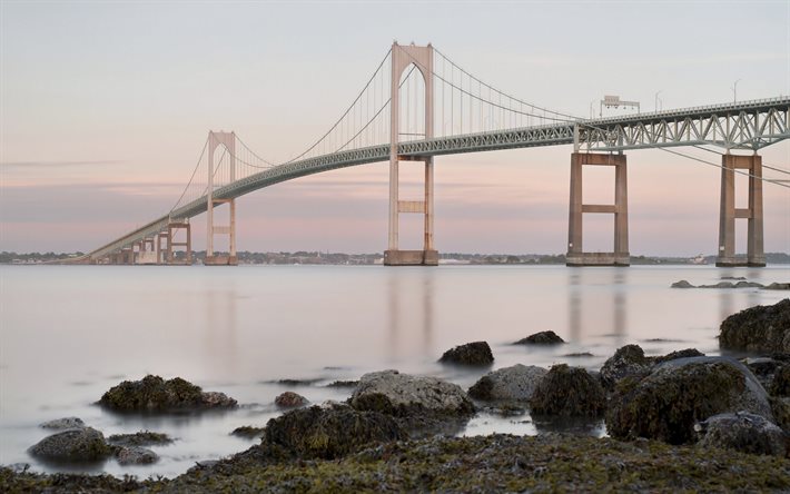 Claiborne Pell Newport Bridge, morning, sunrise, Newport Bridge, Rhode Island, Newport, Jamestown, suspension bridge, USA