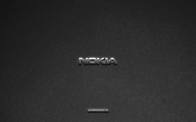 Nokia logo, gray stone background, Nokia emblem, technology logos, Nokia, manufacturers brands, Nokia metal logo, stone texture