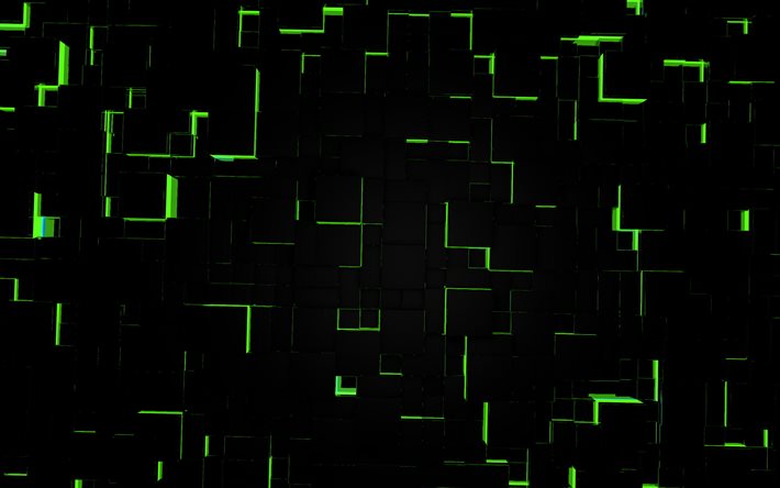 검은 녹색 3d 큐브 배경, 3d 디지털 아트 배경, 3d 큐브 배경, 녹색 네온 불빛, 녹색 빛 3d 배경, 창의 빨간색 3d 배경