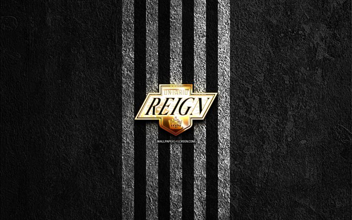 ontario reign logo dorato, 4k, sfondo di pietra nera, ahl, squadra di hockey americana, logo ontario reign, hockey, ontario reign