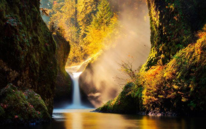 USA, waterfalls, river, mountain river, beautiful nature, cliffs, mountains, Columbia, America