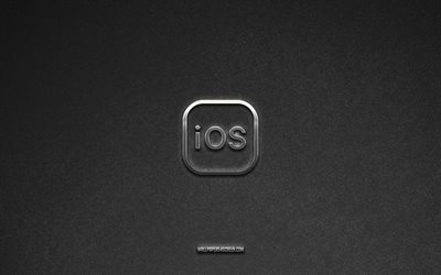iOS logo, gray stone background, iOS emblem, mobile operating system logos, iOS, manufacturers brands, iOS metal logo, stone texture, Apple