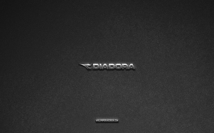 Diadora logo, gray stone background, Diadora emblem, manufacturers logos, Diadora, manufacturers brands, Diadora metal logo, stone texture