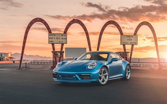 Porsche 911 Sally Special, 4k, sunset, 2022 cars, supercars, 2022 Porsche 911, Blue Porsche 911, german cars, Porsche