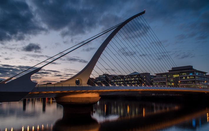 Samuel Beckett Bridge, Dublin, evening, sunset, cable-stayed swingbridge, bridges, Droichead Samuel Beckett, River Liffey, Dublin cityscape, Ireland