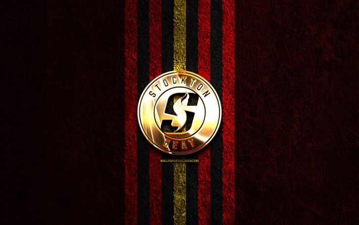 Stockton Heat golden logo, 4k, red stone background, AHL, american hockey team, Stockton Heat logo, hockey, Stockton Heat