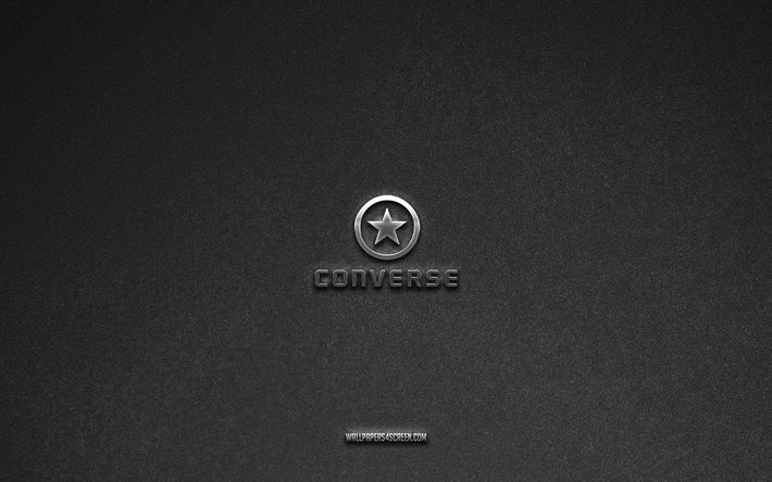 Converse logo, gray stone background, Converse emblem, manufacturers logos, Converse, manufacturers brands, Converse metal logo, stone texture
