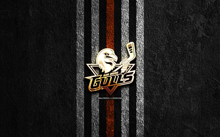 San Diego Gulls golden logo, 4k, black stone background, AHL, american hockey team, San Diego Gulls logo, hockey, San Diego Gulls