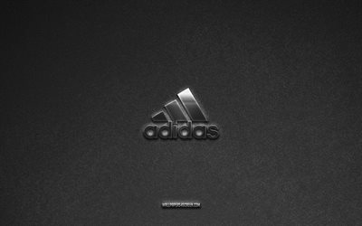 Adidas logo, gray stone background, Adidas emblem, manufacturers logos, Adidas, manufacturers brands, Adidas metal logo, stone texture