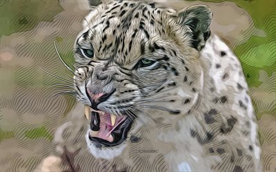 schneeleopard, 4k, raubtier, vektorgrafiken, irbis, wildkatzen, leopardenzeichnungen, wilde tiere