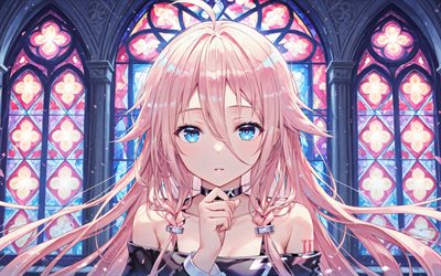 ia, 4k, glasfenster, vokaloid, blaue augen, nacht, vocaloid3, vokaloidfiguren, manga, ia vocaloid