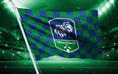 4k, logotipo de feralpisalo, club de fútbol italiano, bandera del estadio, fanks de los fanáticos de feralpisalo, bandera azul verde, emblema de feralpisalo, serie b, italia, fútbol americano, feralpisalo, feralpi salo