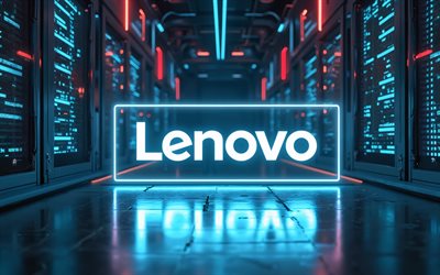 4k, Lenovo blue neon logo, artwork, electronics brands, datacenter racks, bokeh, night, Lenovo logo, brands logo, Lenovo neon logo, Lenovo, brands, Lenovo blue logo