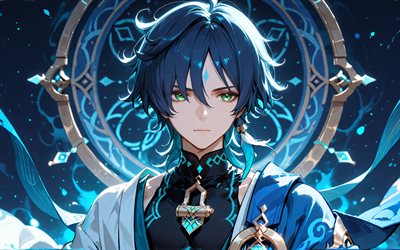 vagabundo, 4k, fondo de grunge azul, impacto de genshin, noche, personajes de anime, obra de arte, vidrieras, violinista, personajes de impacto genshin, impacto de wanderer genshin