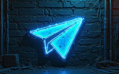 4k, logotipo de neón azul telegrama, creativo, fondo de muro de ladrillo azul, marcas, logotipo de neón de telegrama, cables, redes sociales, logotipo de telegrama, logotipo de telegram 3d, telegrama