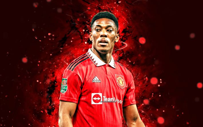 4k, Anthony Martial, 2022, Manchester United FC, red neon lights, Premier League, french footballers, Anthony Martial 4K, soccer, football, Anthony Martial Manchester United, Man United