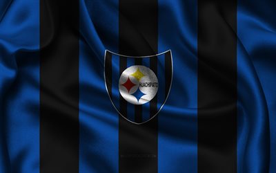 4k, cd huachipato logotyp, blått svart sidentyg, chilenskt fotbollslag, cd huachipato emblem, chilenska primera division, campeonato nacional, cd huachipato, chile, fotboll, cd huachipato flagga