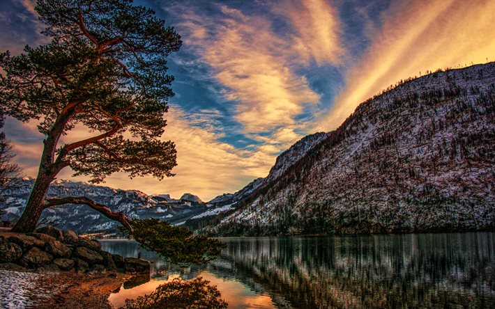 Grundlsee, sunset, mountains, Hubert Bichler, HDR, beautiful nature, austrian landmarks, Lake Grundl, Styria, Austria, Europe, evening