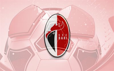 Bari FC glossy logo, 4K, red football background, Serie B, soccer, italian football club, Bari FC 3D logo, Bari FC emblem, Bari FC, football, sports logo, SSC Bari