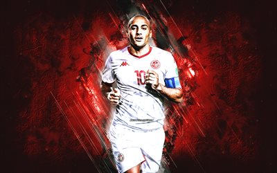 wahbi khazri, tunisian jalkapallomaajoukkue, muotokuva, punainen kivi tausta, tunisialainen jalkapalloilija, grunge taidetta, tunisia