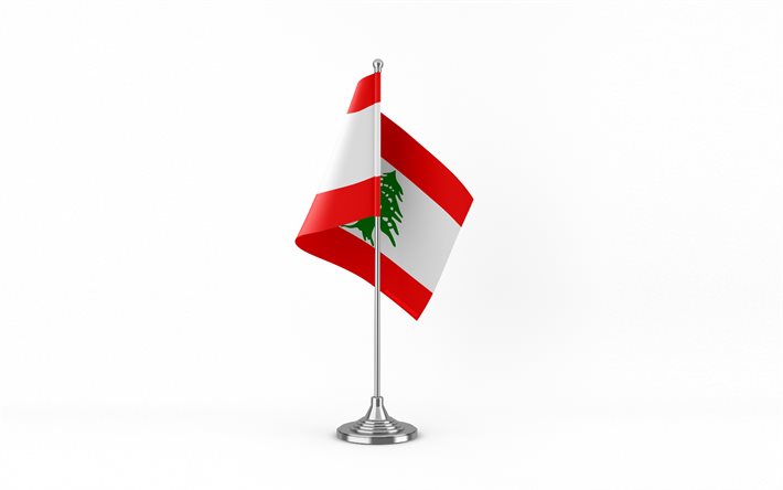 4k, bandera de mesa de líbano, fondo blanco, bandera de líbano, bandera de mesa del líbano, bandera de líbano en palo de metal, símbolos nacionales, líbano