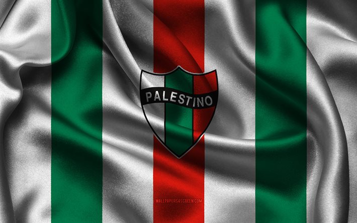4k, club deportivo palestino logo, grün weißer seidenstoff, chilenische fußballmannschaft, club deportivo palestino emblem, chilenische primera division, campeonato nacional, verein deportivo palestino, chile, fußball, flagge des club deportivo palestino